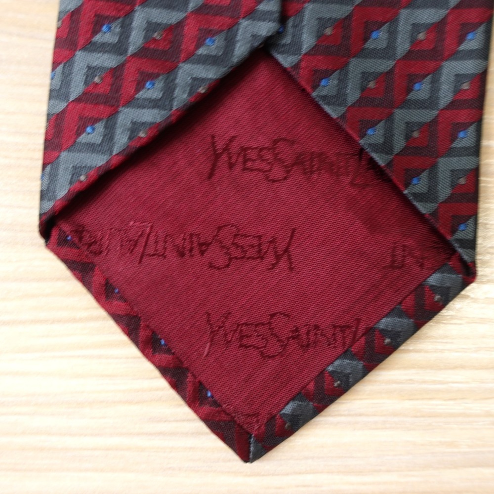 Yves Saint Laurent Tie Mens Burgundy Red Gray Chevron Stripe Skinny Luxury YSL - Picture 9 of 12